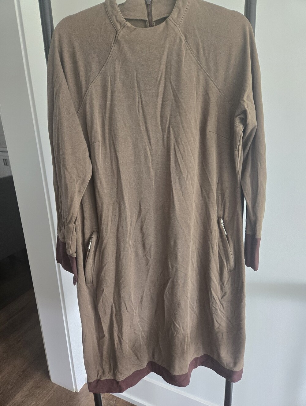 SHUKR Modest Taupe Brown Tunic Dress Long Sleeve Zip Back Pockets  No Size